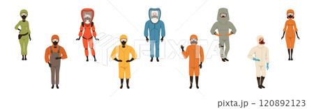 Man and Woman Wearing Protective Costume and Hazmat Suit Vector Set 120892123