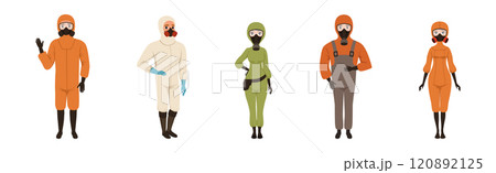 Man and Woman Wearing Protective Costume and Hazmat Suit Vector Set 120892125