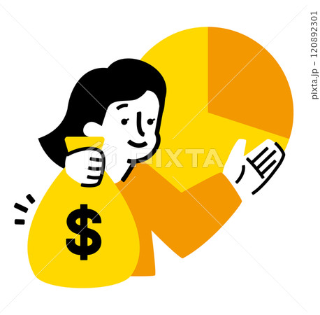 女性投資家のNISA活用：ドルと円グラフで見る株と投資信託のイラスト_お金の袋を持った女性 120892301