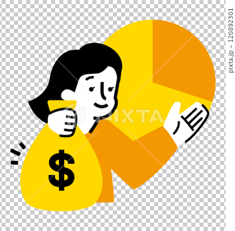 女性投資家のNISA活用：ドルと円グラフで見る株と投資信託のイラスト_お金の袋を持った女性 120892301