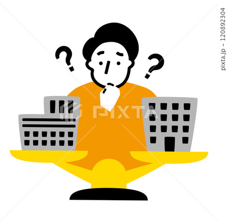 不動産投資や株をする若い男性が建物を天秤にかけて迷うお金に関するイラスト_FIRE、アーリーリタイア 不動産投資や株をする若い男性が建物を天秤にかけて迷うお金に関するイラスト_FIRE、アーリーリタイア 120892304