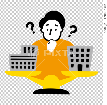 不動産投資や株をする若い男性が建物を天秤にかけて迷うお金に関するイラスト_FIRE、アーリーリタイア 不動産投資や株をする若い男性が建物を天秤にかけて迷うお金に関するイラスト_FIRE、アーリーリタイア 120892304