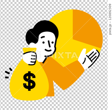 Male investor's use of NISA: Illustration of stocks and investment trusts shown with dollars and pie charts_A man holding a bag of money 120892309