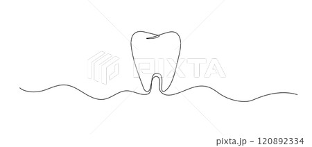 Tooth one continuous line illustration. Hand drawn doodle sketch of dentist graphic 120892334