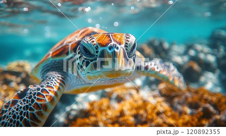 【風景・壁紙】海の中のウミガメ 120892355