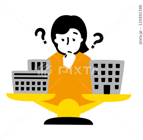 不動産投資や株をする若い女性が建物を天秤にかけて迷うお金に関するイラスト_FIRE、アーリーリタイア 不動産投資や株をする若い女性が建物を天秤にかけて迷うお金に関するイラスト_FIRE、アーリーリタイア 120892386