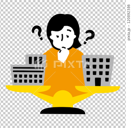 不動産投資や株をする若い女性が建物を天秤にかけて迷うお金に関するイラスト_FIRE、アーリーリタイア 不動産投資や株をする若い女性が建物を天秤にかけて迷うお金に関するイラスト_FIRE、アーリーリタイア 120892386