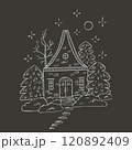 Christmas card with cute winter house with fir trees and snowdrifts. Sketch illustration on gray background 120892409