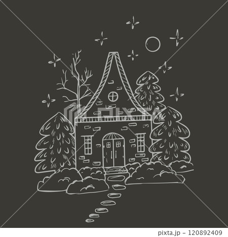 Christmas card with cute winter house with fir trees and snowdrifts. Sketch illustration on gray background 120892409