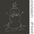 Line drawing of a snowman in a hat and scarf, with a chicken on his head. Design of cards for Christmas and New Year. 120892410