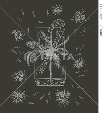 Easy sketch of gift box with Christmas tree branches and candy cane. New Year greeting card design 120892411