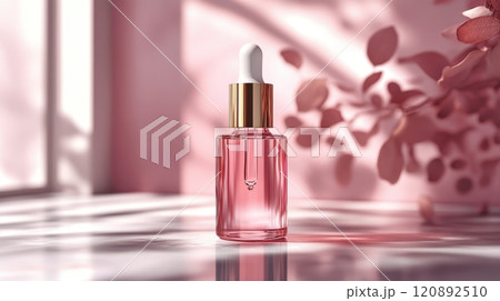 A stylish pink serum bottle stands elegantly against a soft pastel background, illuminated by natural light, perfect for beauty and skincare concepts. A stylish pink serum bottle stands elegantly against a soft pastel background, illuminated by natural light, perfect for beauty and skincare concepts. 120892510