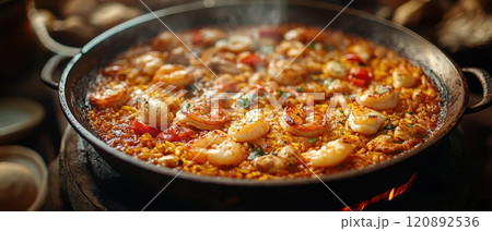 A delicious seafood paella featuring shrimp, squid, and colorful vegetables, cooked to perfection in a traditional pan, ideal for showcasing culinary artistry. 120892536