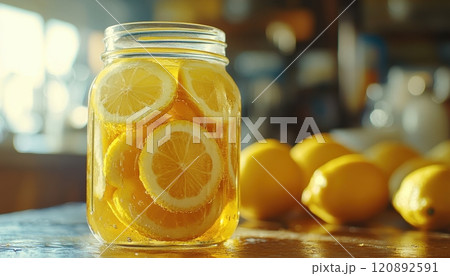 A jar filled with fresh lemon slices, showcasing vibrant yellow colors. Background features a soft focus, enhancing the brightness and freshness of the lemons. 120892591