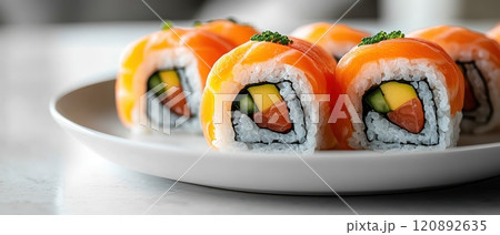 Delicious sushi rolls on a white plate, featuring fresh ingredients like salmon, mango, and cucumber, presented beautifully for a gastronomic delight. 120892635