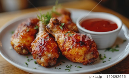Deliciously crispy chicken drumsticks served on a plate with a side of tangy dipping sauce, garnished with fresh herbs, perfect for a savory meal or snack. 120892636