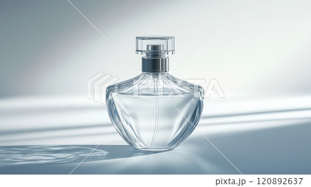 Elegant and minimalist glass perfume bottle on a soft gradient background, showcasing its delicate design and luxurious feel, ideal for beauty and fragrance promotions. 120892637