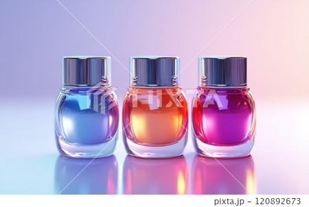 Three vibrant glass jars filled with colorful liquids, reflecting light beautifully. A captivating arrangement showcasing a blend of colors against a soft gradient background. 120892673