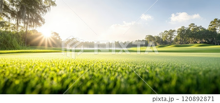 A picturesque golf course with lush green grass, framed by trees under a bright blue sky. The sunlight creates a warm, inviting atmosphere, perfect for a day of golfing. 120892871