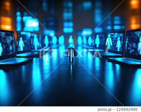 A futuristic scene depicting a lone figure standing among glowing laptops, symbolizing isolation amidst a digital world, with vibrant blue and dark tones creating depth. 120892900