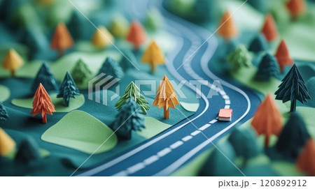 A vibrant, artistic representation of a winding road through a scenic landscape filled with colorful trees and rolling hills, capturing the essence of adventure and exploration. 120892912