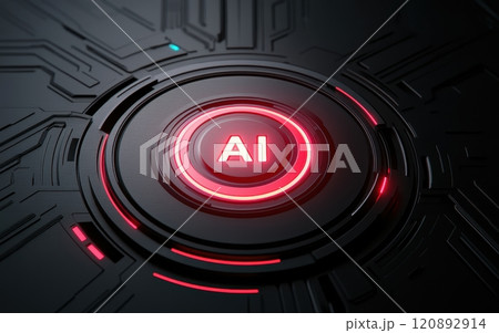 Close-up of a futuristic black and red button with 'AI' illuminated, surrounded by circuit-like designs, symbolizing advancement in artificial intelligence and technology. 120892914
