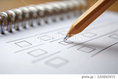 Close-up of a hand holding a pencil marking a check box on a notepad. The image emphasizes organization, planning, and decision-making in a professional setting. 120892915