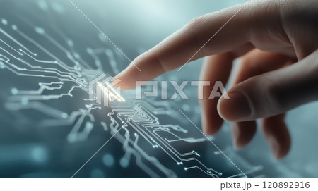 Close-up of a human hand touching a modern circuit board with glowing elements, symbolizing the connection between technology and humanity on a vibrant background. 120892916