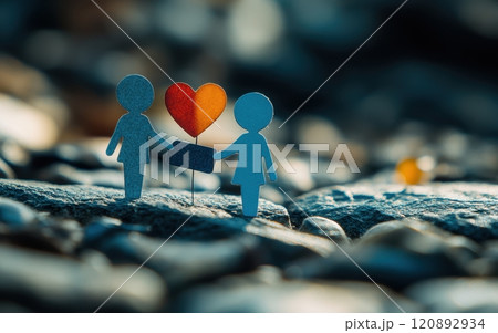 Two paper figures exchanging a gift symbolized by a heart on a textured surface, representing love, connection, and togetherness in a creative setting. Two paper figures exchanging a gift symbolized by a heart on a textured surface, representing love, connection, and togetherness in a creative setting. 120892934