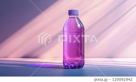 A vibrant purple drink bottle stands elegantly on a softly lit surface, showcasing its unique color and design against a subtle background. 120892942