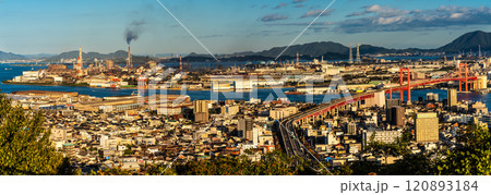 高塔山公園から若松戸畑の夕景　パノラマ【福岡県北九州市】 120893184