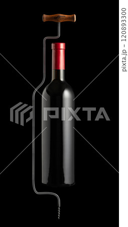 Bottle of red wine and old corkscrew on black background. 120893300
