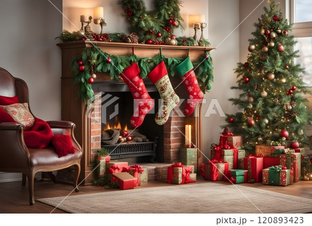 Festive Christmas Fireplace With Stockings and Gifts 120893423