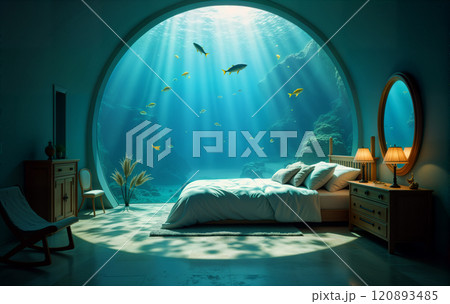 Underwater hotel room with panoramic view, fish swimming, cozy interior, warm lighting, serene 120893485