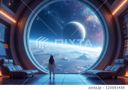 Futuristic space station with panoramic view of alien planet, serene and high-tech interior 120893486