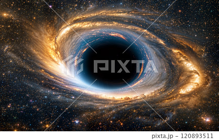 Massive black hole with swirling light and stars in realistic deep space scene 120893511