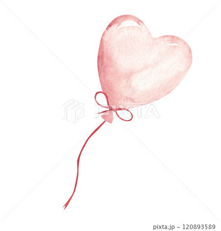 Heart shaped pink air Balloon. Hand drawn Watercolor festive illustration. Decorative element for Valentines Day or Wedding designs. For card, invitations and prints. 120893589