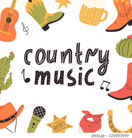 Country music concept. Lettering country music in hand drawn style with guitar. Vector illustration. 120893649