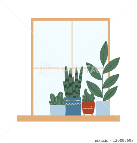 Indoor plants in a pot on the window. House plants stand on the windowsill. Vector illustration.Flat style. Modern plants in pots. 120893698
