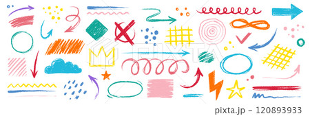 Arrow brush line color paint element shape set. Crayon abstract doodle color circle, arrow sketch hand drawn. Texture crayon brush sketch style shape background. Vector 120893933