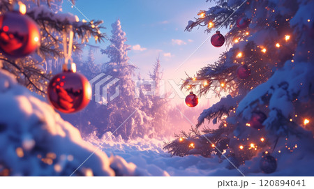 雪の積もった風景とクリスマスツリー 雪の積もった風景とクリスマスツリー 120894041