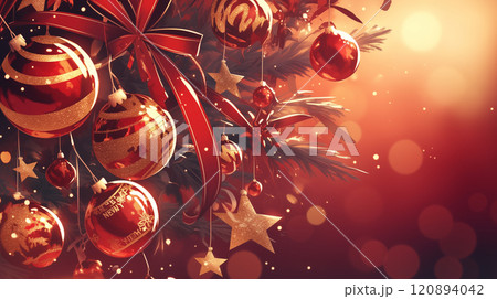 キラキラ輝くクリスマスツリーと赤いリボンのボール キラキラ輝くクリスマスツリーと赤いリボンのボール 120894042