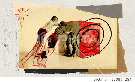 Group of boys pushing cube, accented with red hand-drawn doodles. Teamwork in a game. Contemporary art collage. 120894284