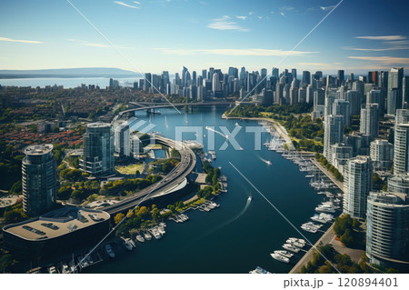 A bird's-eye view of modern urban waterfronts and small moorings for yachts and boats. 120894401