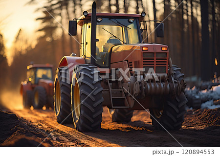 Tractors leave the field early in the morning. 120894553