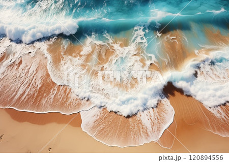 Foamy blue waves on the shore of the beach, top view of the beach. 120894556