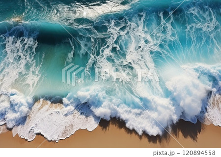 Foamy blue waves on the shore of the beach, top view of the beach. 120894558