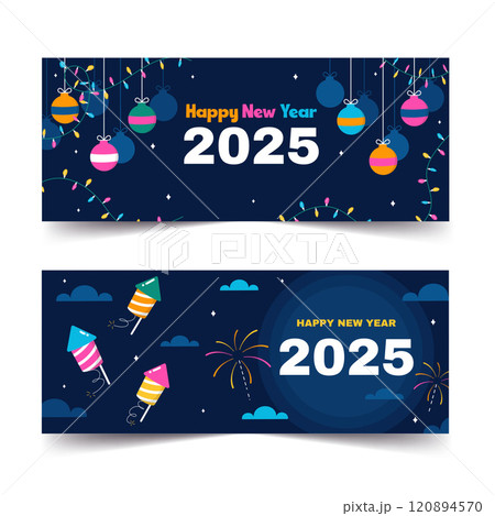 Colorful New Year 2025 Banner Designs with Fireworks Vector Illustrations. Colorful New Year 2025 Banner Designs with Fireworks Vector Illustrations. 120894570