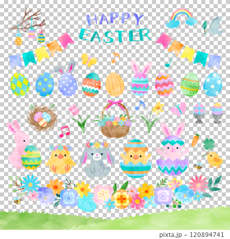 ハッピーイースター　イラストセット　 手描き水彩風 120894741
