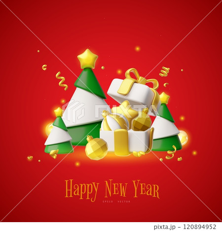 3d vector poster with pine trees, open gift box with toys and confetti on red background. 3d vector poster with pine trees, open gift box with toys and confetti on red background. 120894952